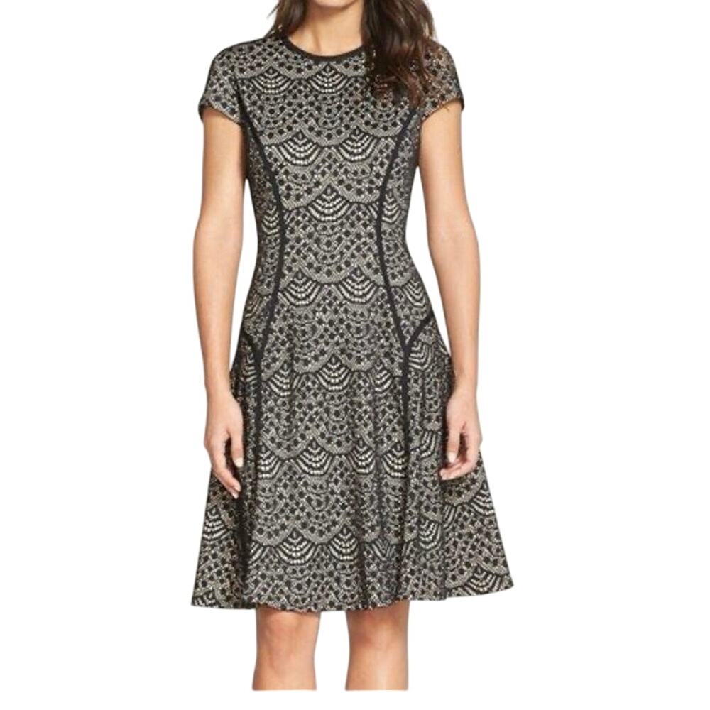Maggy London Scallop Lace Fit and Flare Black and Nude Dress Size 8
